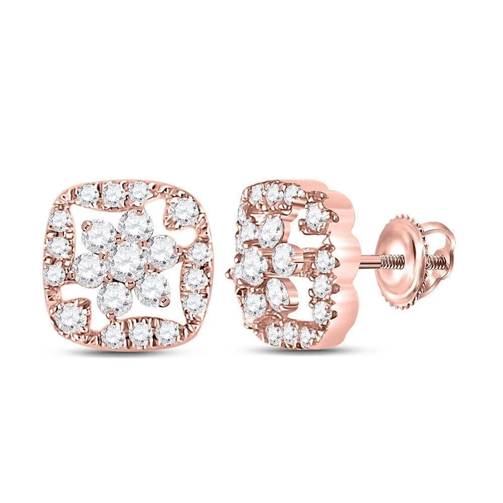 14K Rose Gold Round Diamond Square Frame Cluster Earrings 3/8 Cttw