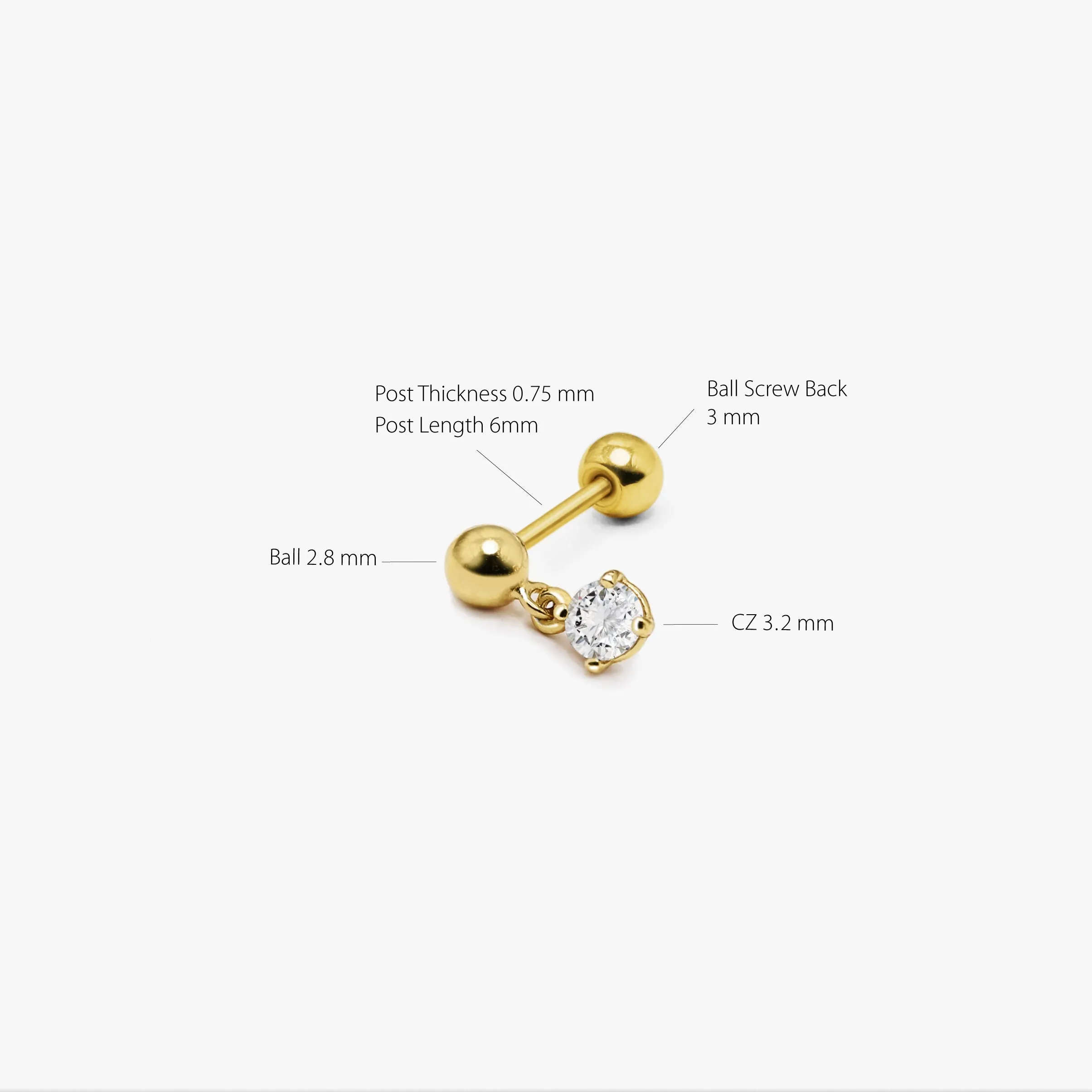 14k Solid Gold Dangling CZ Ball Stud Earring
