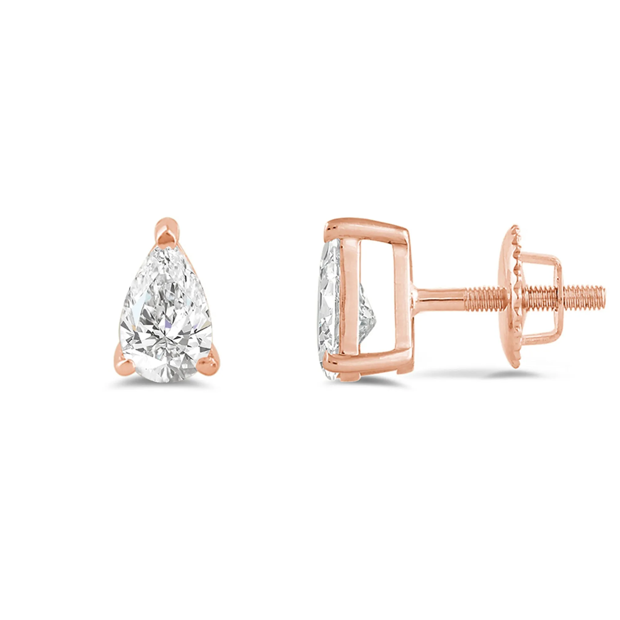 14K Solid Rose Gold Solitaire Stud Earrings | Pear Cut Cubic Zirconia | Screw Back Posts | 0.5 CTW | With Gift Box