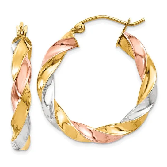 14k Tri-Color Twisted Hoop Earrings, High Polished 24.5mm Medium Size Hoops