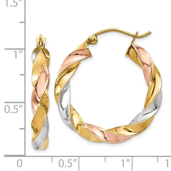 14k Tri-Color Twisted Hoop Earrings, High Polished 24.5mm Medium Size Hoops
