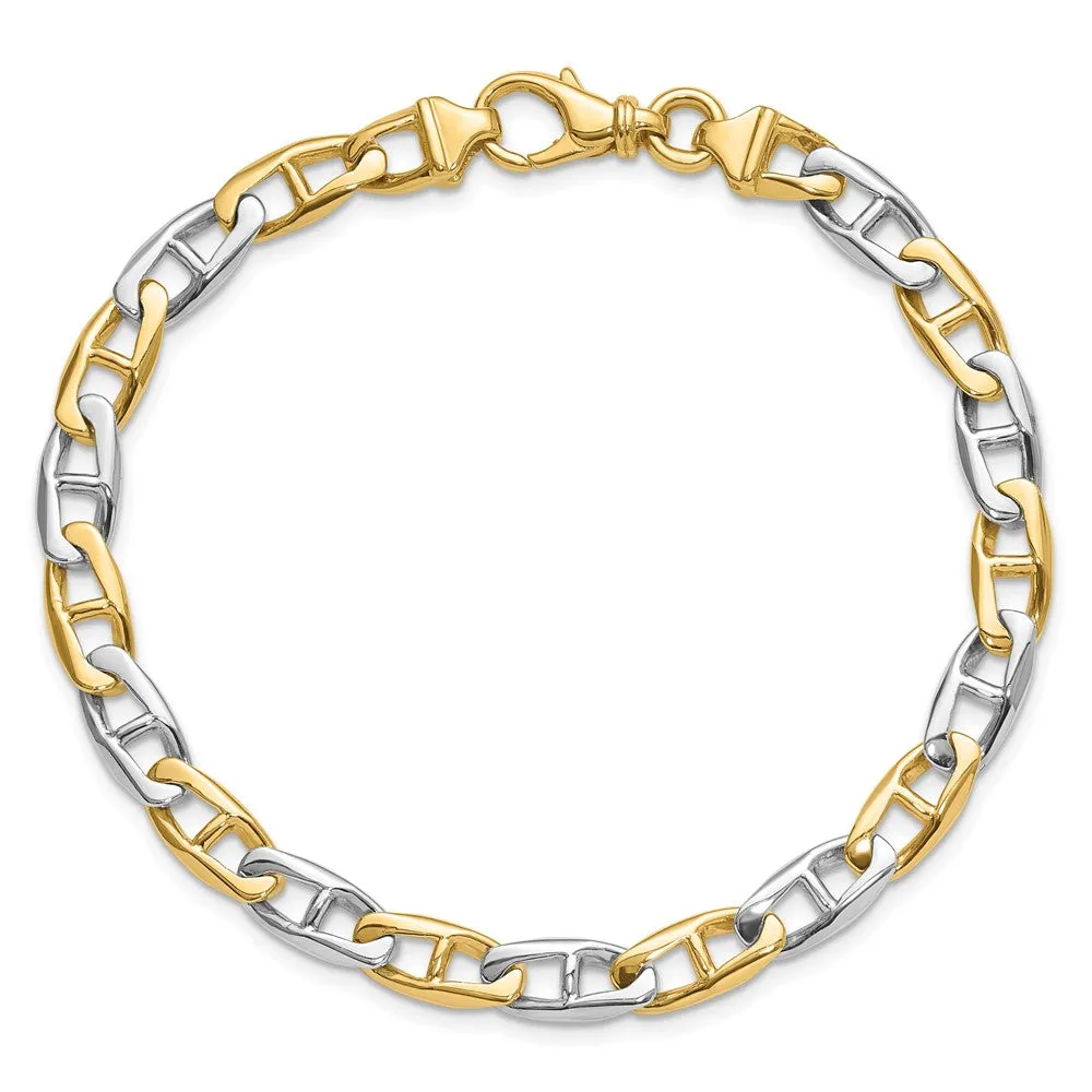 14K Two-tone 8.25 inch 6.6mm Hand Polished Fancy Flat Anchor Link with Fancy Lobster Clasp Bracelet