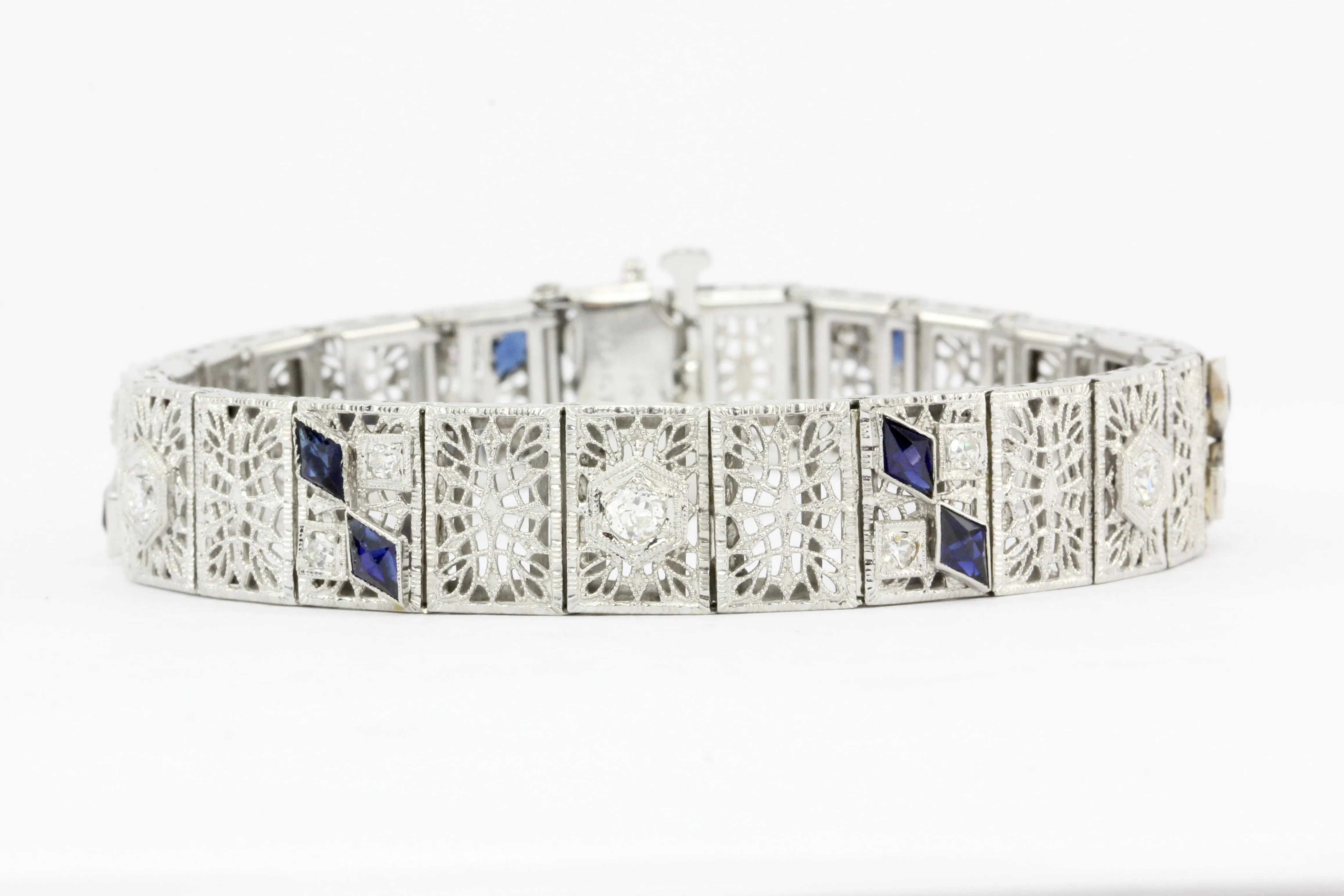 14K White Gold & Platinum Sapphire and .75 CTW Diamond Art Deco Filigree Bracelet