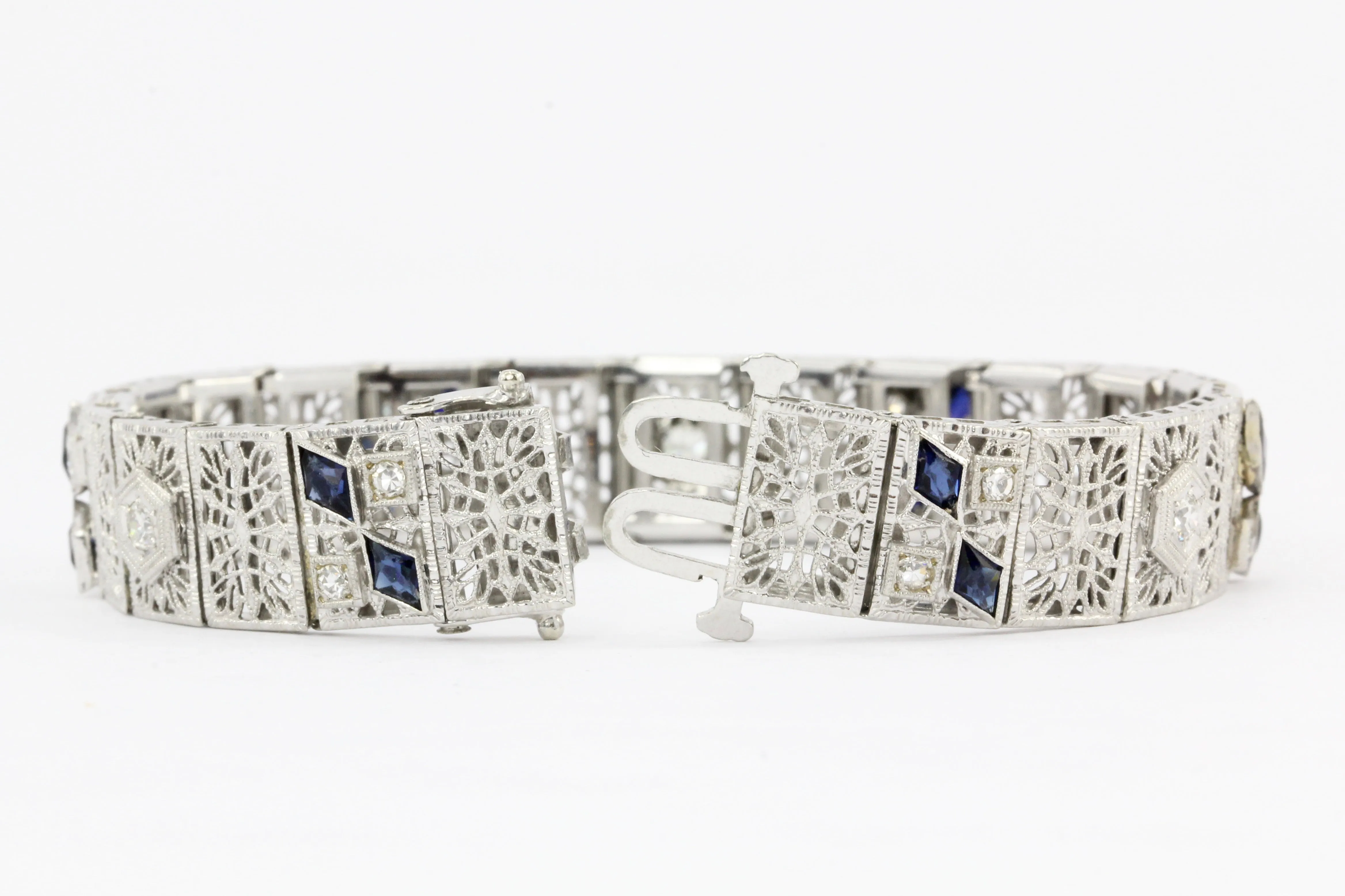 14K White Gold & Platinum Sapphire and .75 CTW Diamond Art Deco Filigree Bracelet