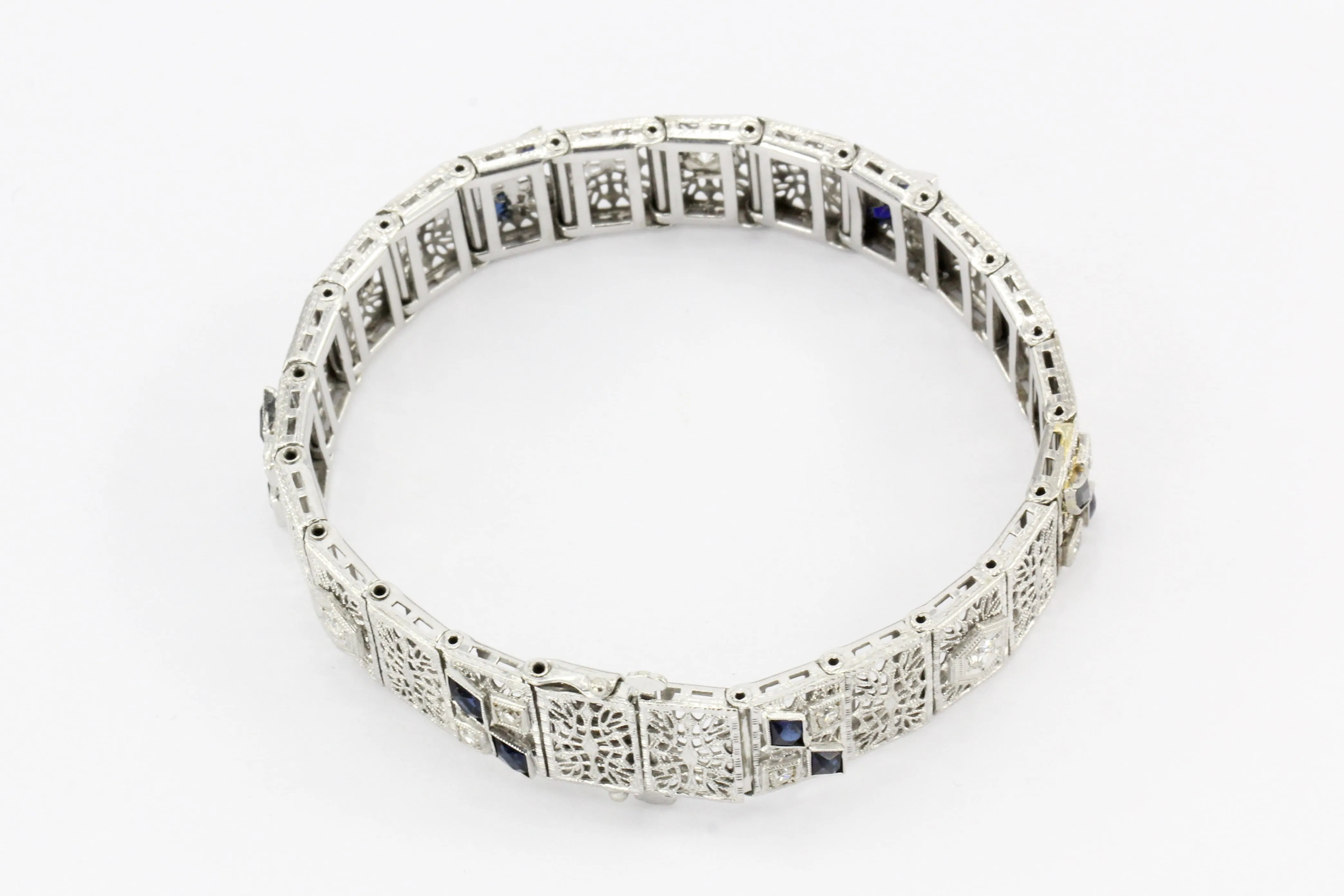 14K White Gold & Platinum Sapphire and .75 CTW Diamond Art Deco Filigree Bracelet