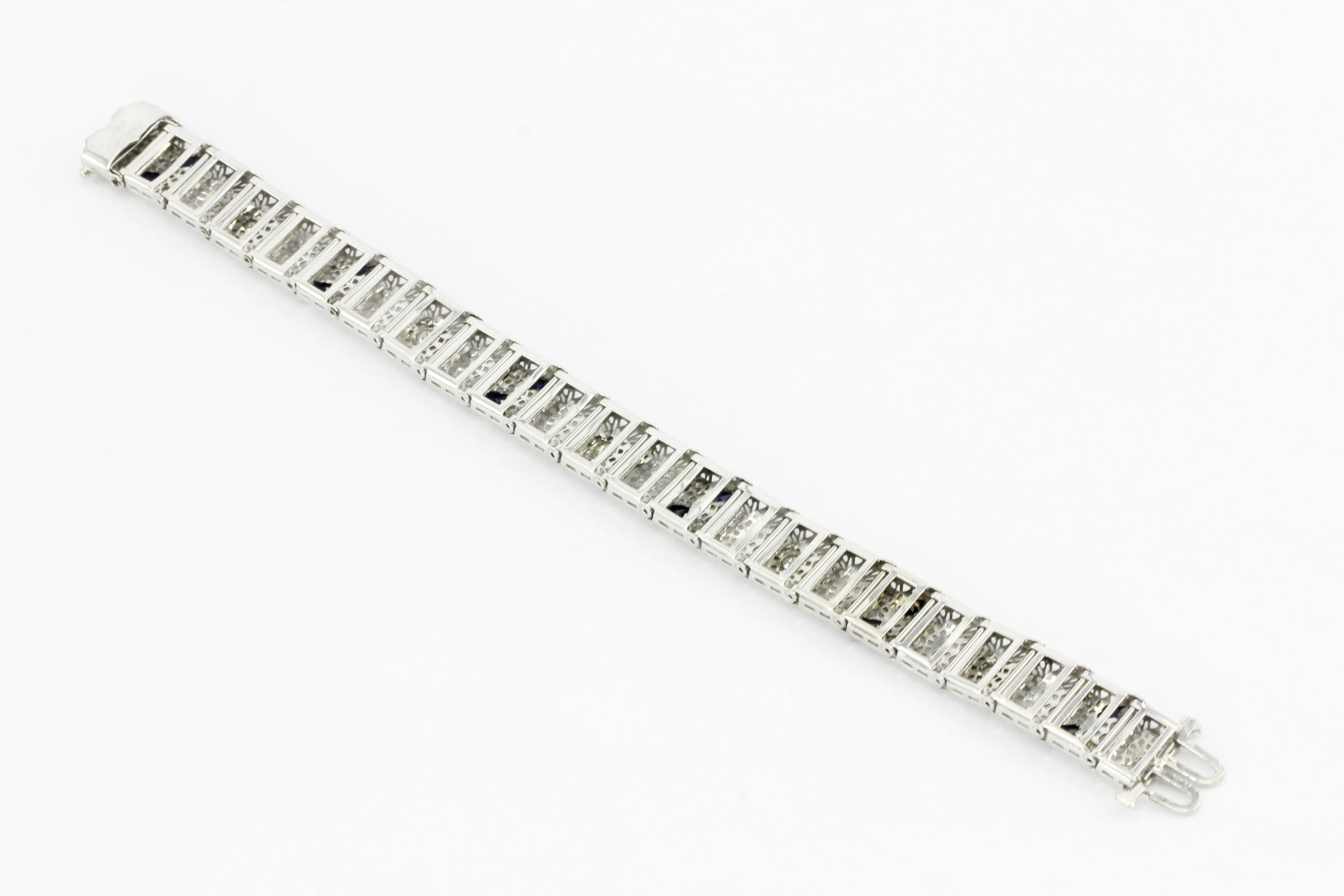 14K White Gold & Platinum Sapphire and .75 CTW Diamond Art Deco Filigree Bracelet