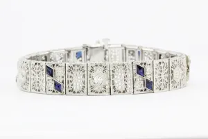 14K White Gold & Platinum Sapphire and .75 CTW Diamond Art Deco Filigree Bracelet