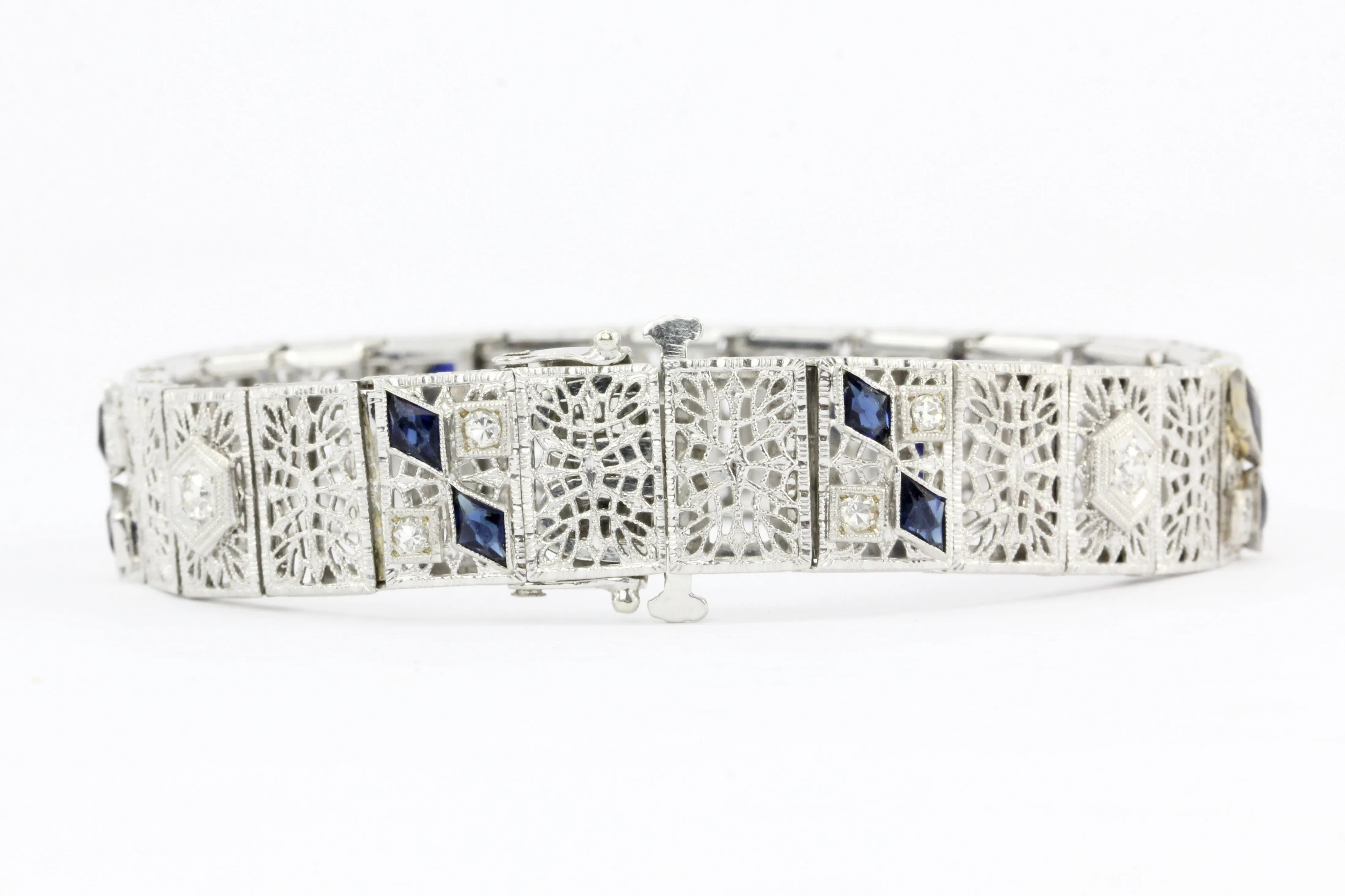 14K White Gold & Platinum Sapphire and .75 CTW Diamond Art Deco Filigree Bracelet