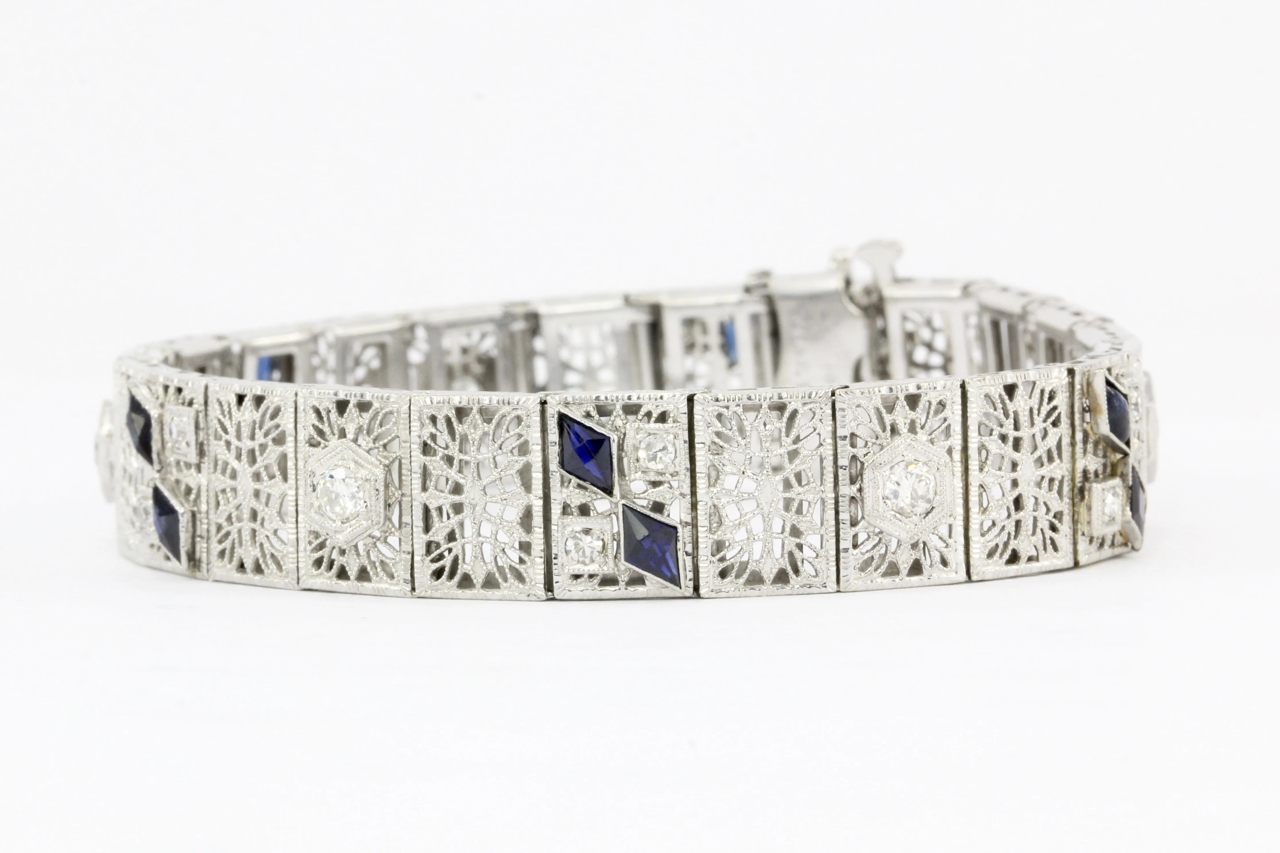 14K White Gold & Platinum Sapphire and .75 CTW Diamond Art Deco Filigree Bracelet
