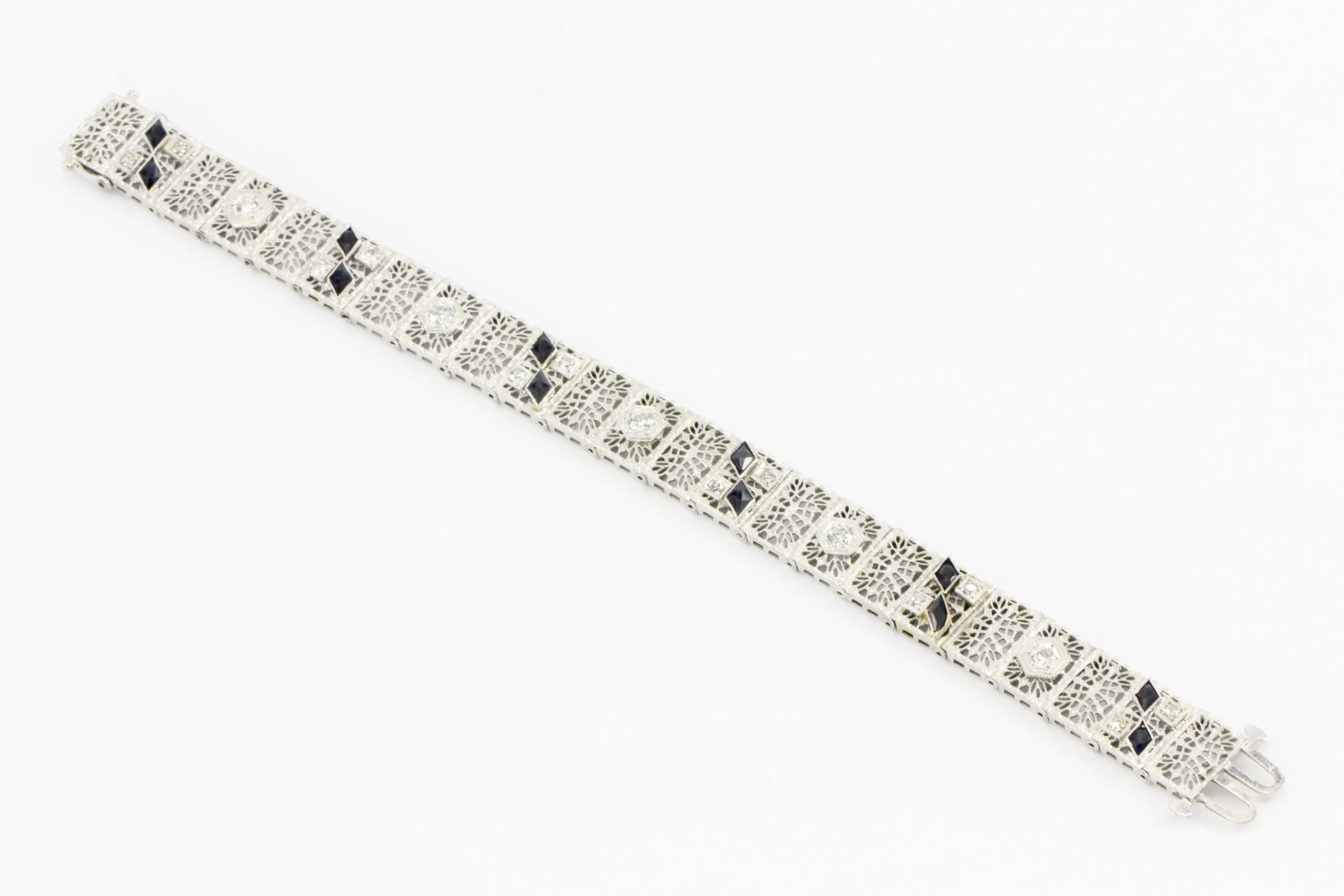 14K White Gold & Platinum Sapphire and .75 CTW Diamond Art Deco Filigree Bracelet