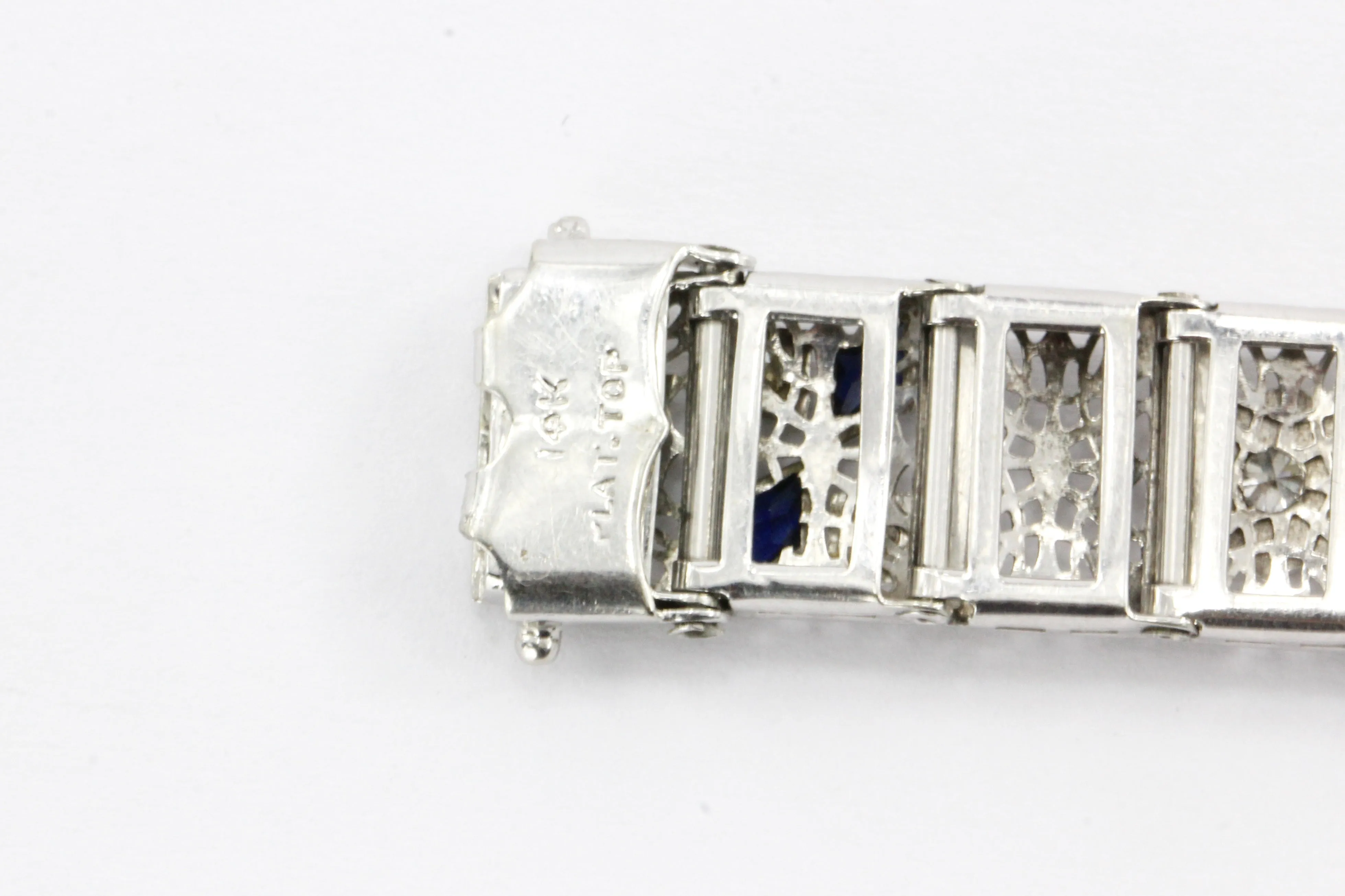 14K White Gold & Platinum Sapphire and .75 CTW Diamond Art Deco Filigree Bracelet
