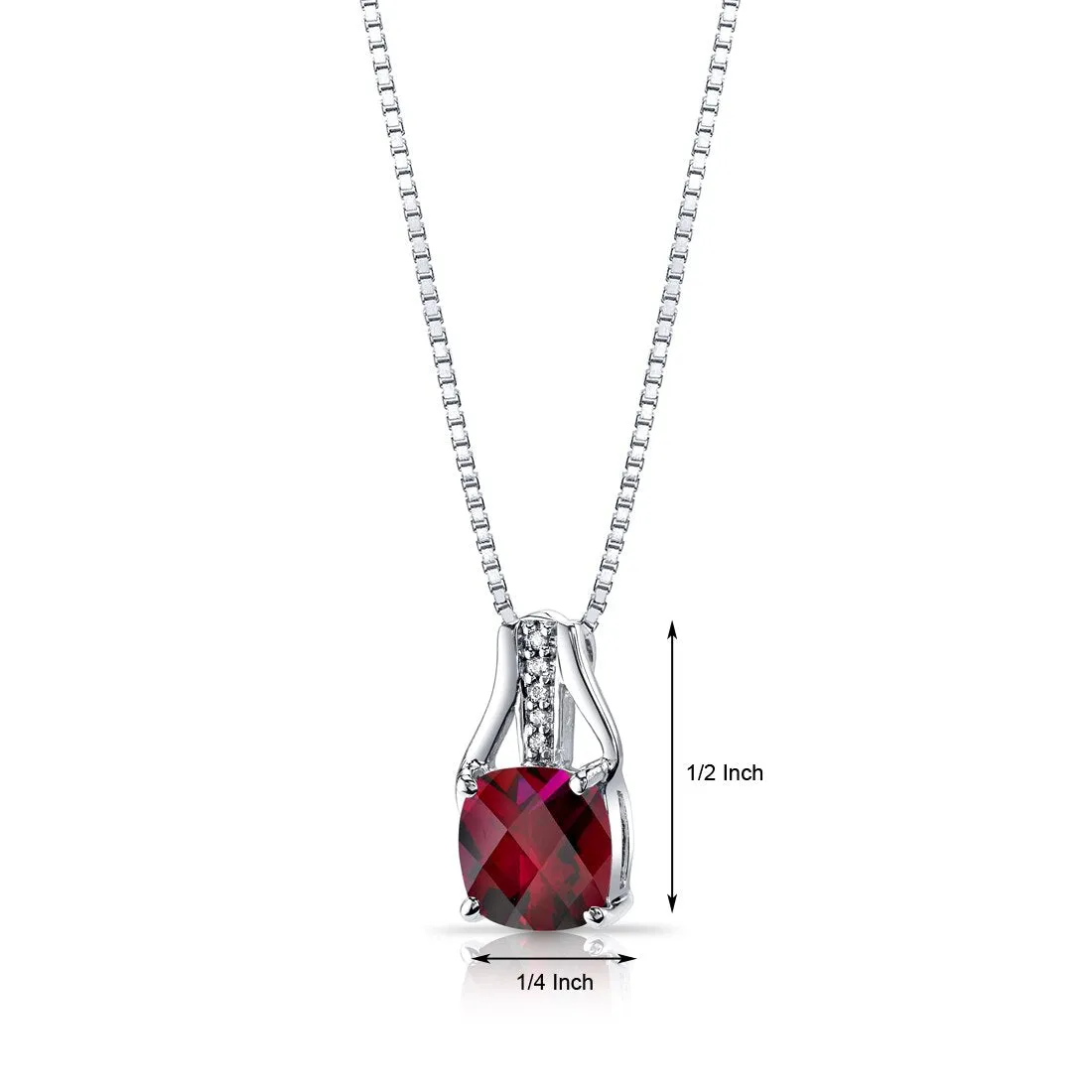 14K White Gold Created Ruby Diamond Pendant Cushion Checkerboard Cut 3 Carats Total