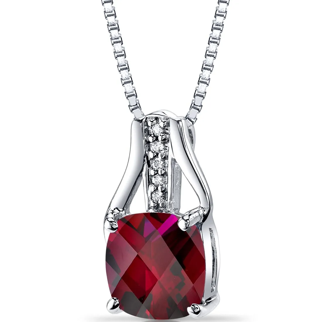 14K White Gold Created Ruby Diamond Pendant Cushion Checkerboard Cut 3 Carats Total