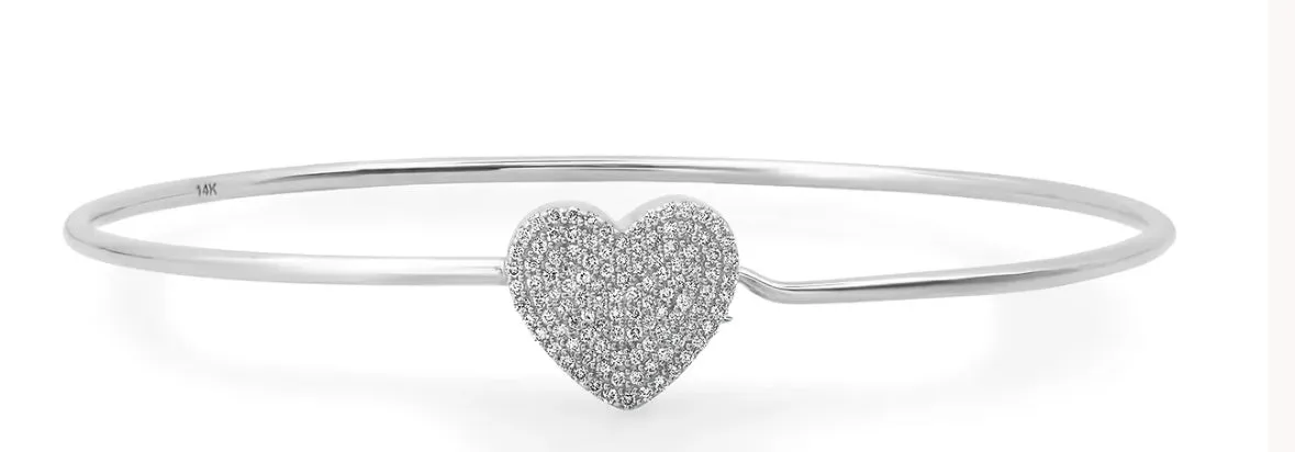 14k White Gold Diamond Heart Wire Bracelet