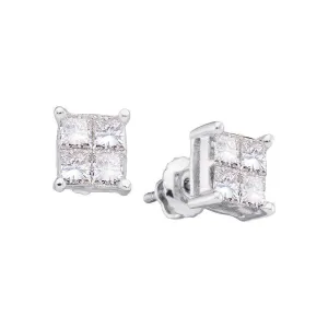 14K White Gold Princess Diamond Square Cluster Stud Earrings 1/3 Cttw