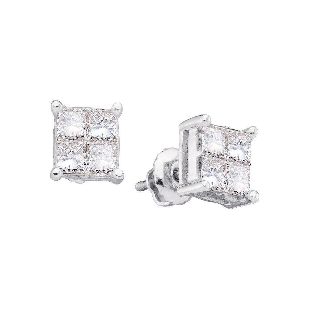 14K White Gold Princess Diamond Square Cluster Stud Earrings 1/3 Cttw