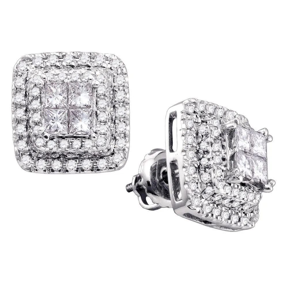 14K White Gold Princess Round Diamond Square Frame Cluster Earrings 1.00 Cttw