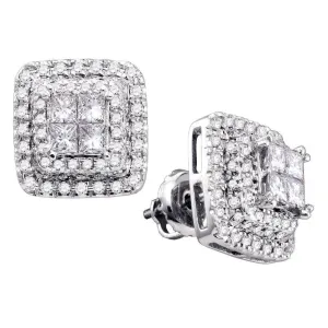 14K White Gold Princess Round Diamond Square Frame Cluster Earrings 1.00 Cttw