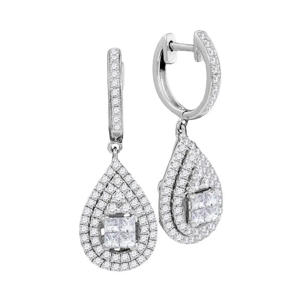14K White Gold Princess Round Diamond Teardrop Frame Cluster Earrings 1.00 Cttw