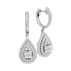 14K White Gold Princess Round Diamond Teardrop Frame Cluster Earrings 1.00 Cttw