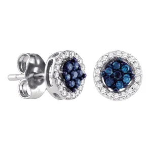 14k White Gold Round Blue Color Enhanced Diamond Cluster Stud Screwback Earrings 1/4 Cttw
