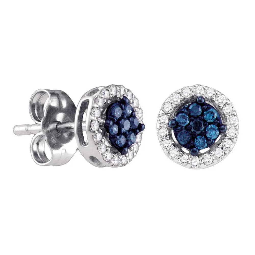 14k White Gold Round Blue Color Enhanced Diamond Cluster Stud Screwback Earrings 1/4 Cttw