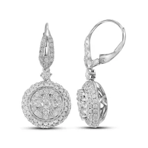 14K White Gold Round Diamond Circle Cluster Dangle Earrings 2-1/5 Cttw