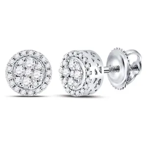 14K White Gold Round Diamond Circle Frame Cluster Earrings 1/4 Cttw