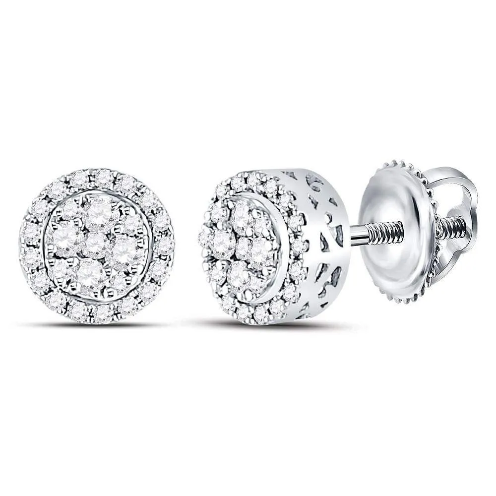 14K White Gold Round Diamond Circle Frame Cluster Earrings 1/4 Cttw