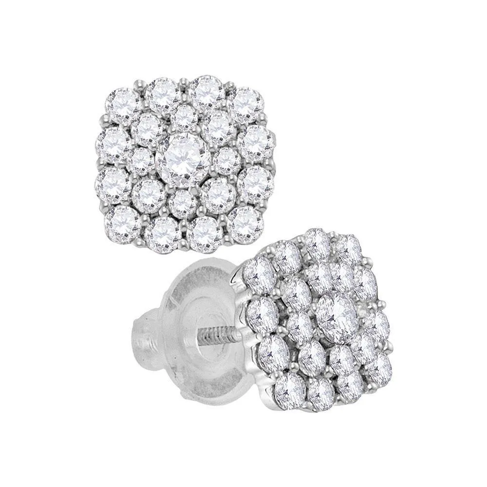 14K White Gold Round Diamond Cluster Earrings 1.00 Cttw