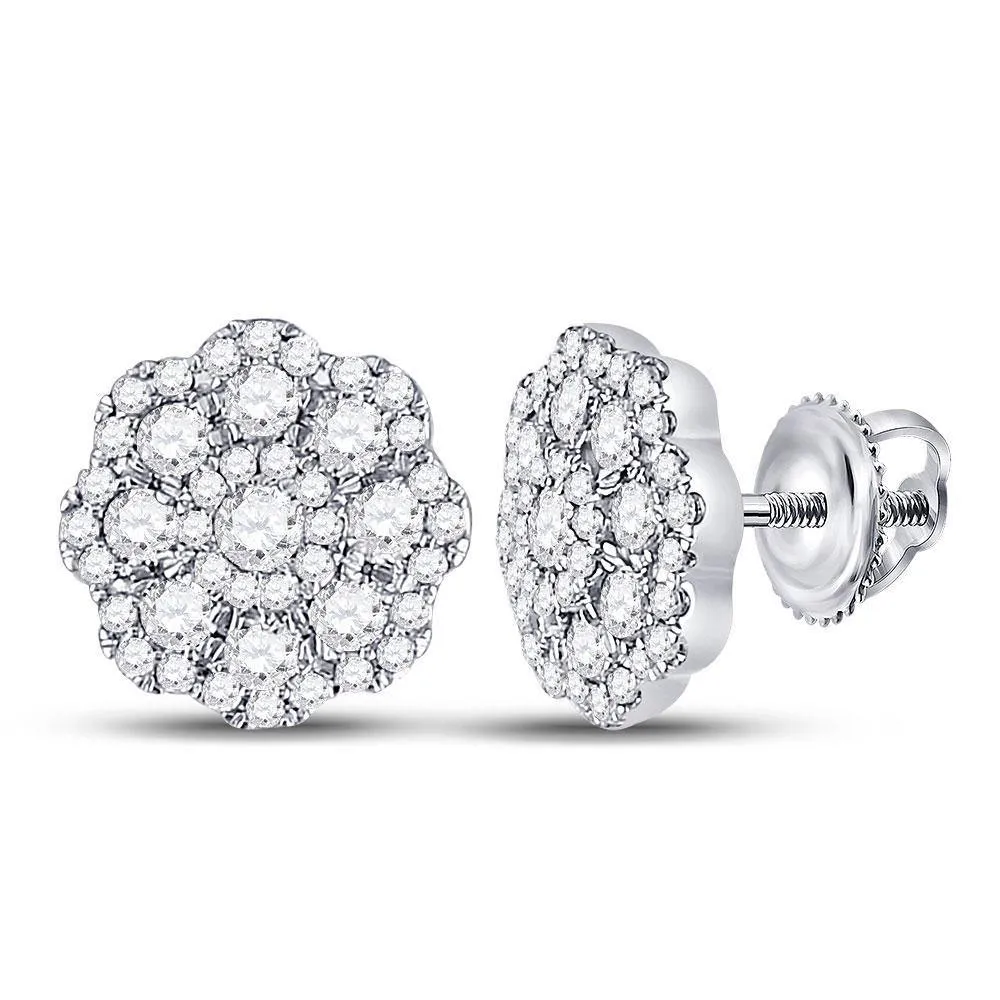 14K White Gold Round Diamond Cluster Screwback Earrings 3/4 Cttw