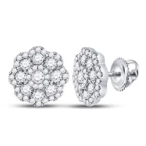 14K White Gold Round Diamond Cluster Screwback Earrings 3/4 Cttw