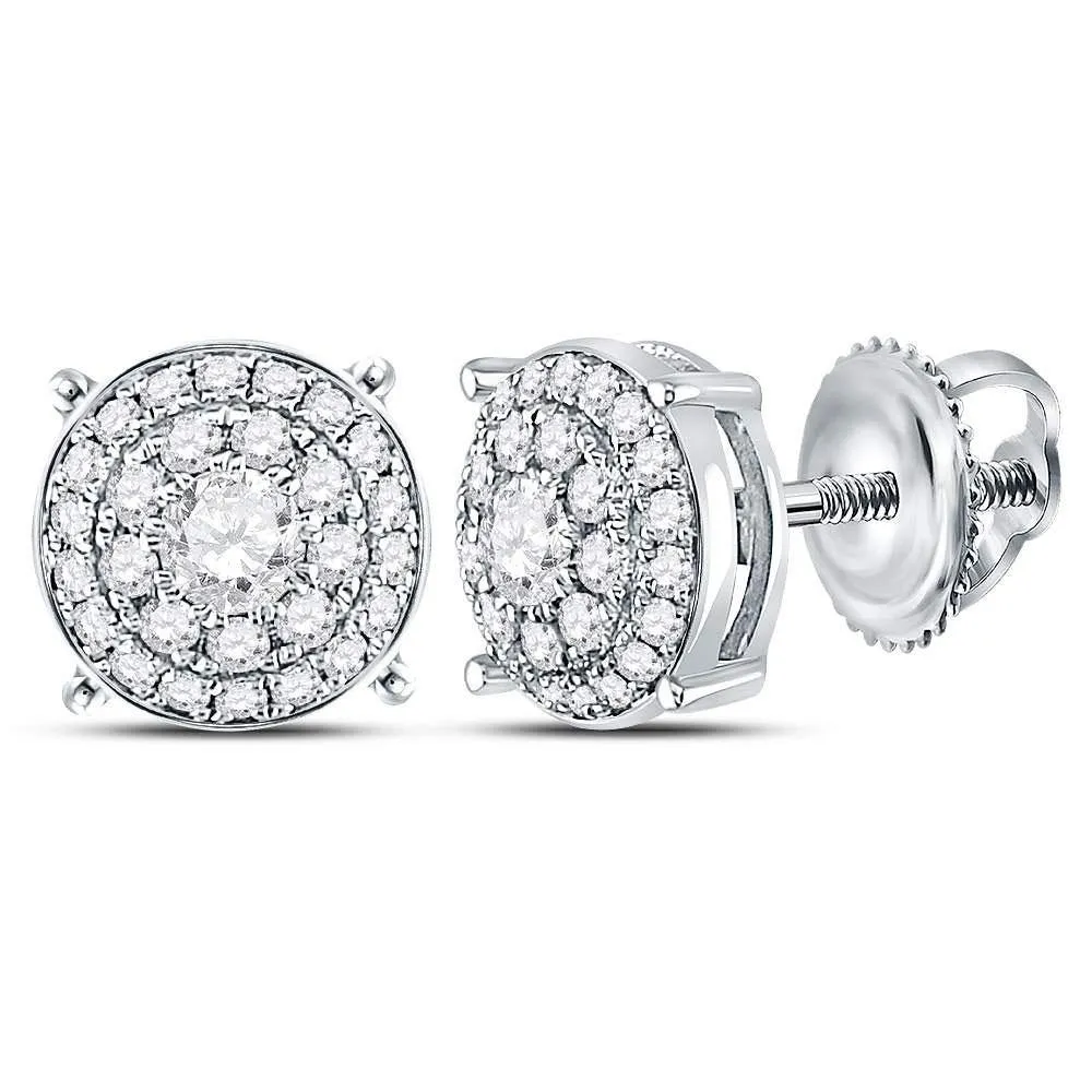 14K White Gold Round Diamond Concentric Circle Cluster Earrings 1/2 Cttw