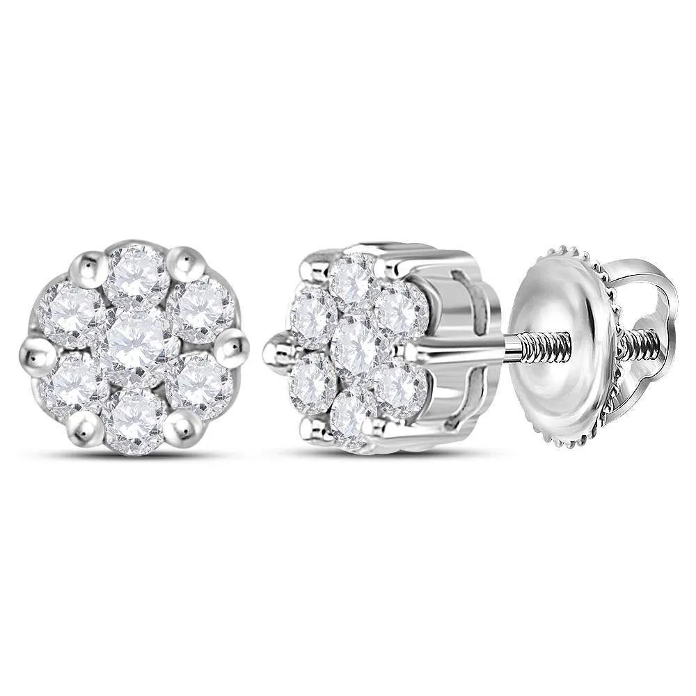 14K White Gold Round Diamond Flower Cluster Earrings 1/4 Cttw