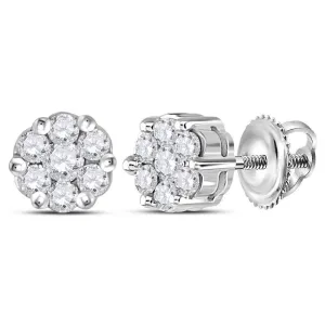 14K White Gold Round Diamond Flower Cluster Earrings 1/4 Cttw