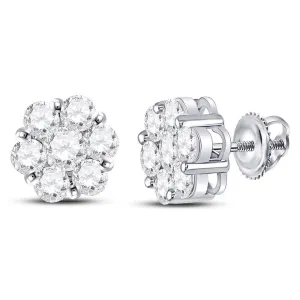 14K White Gold Round Diamond Flower Cluster Earrings 2-1/2 Cttw