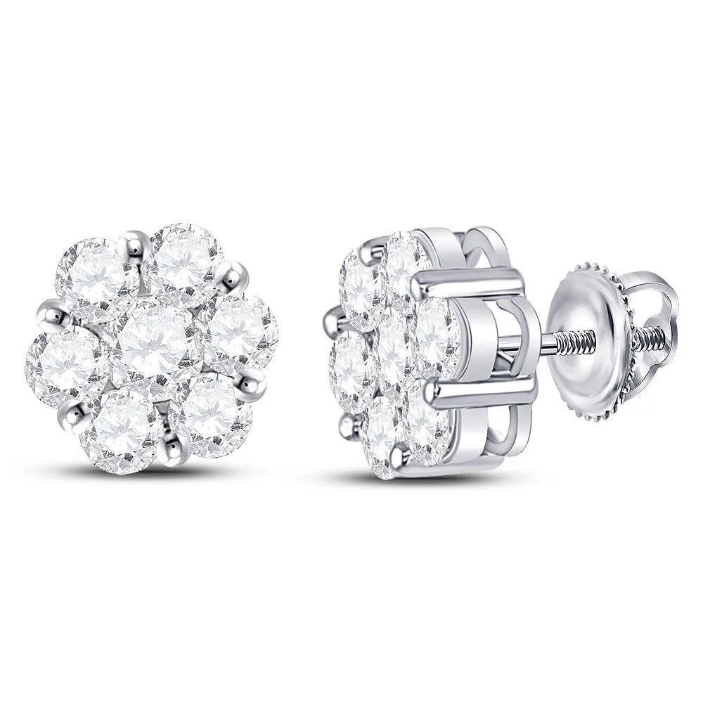 14K White Gold Round Diamond Flower Cluster Earrings 2-1/2 Cttw