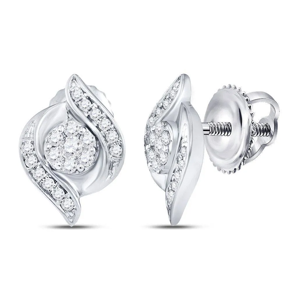 14K White Gold Round Diamond Flower Cluster Screwback Stud Earrings 1/4 Cttw