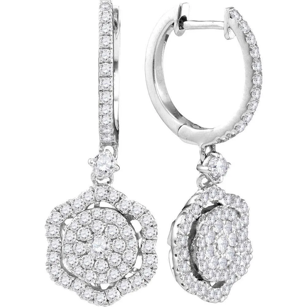 14K White Gold Round Diamond Hexagon Frame Cluster Dangle Earrings 1.00 Cttw