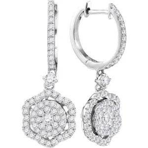 14K White Gold Round Diamond Hexagon Frame Cluster Dangle Earrings 1.00 Cttw