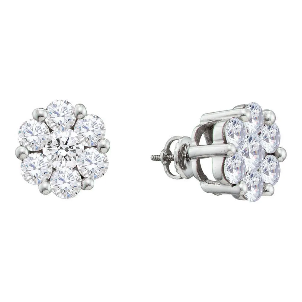 14K White Gold Round Diamond Large Flower Cluster Stud Earrings 1-1/2 Cttw