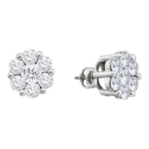 14K White Gold Round Diamond Large Flower Cluster Stud Earrings 1-1/2 Cttw