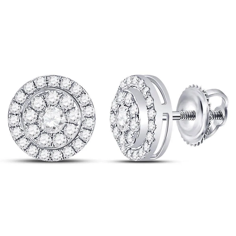 14K White Gold Round Diamond Solitaire Cluster Stud Earrings 1.00 Cttw