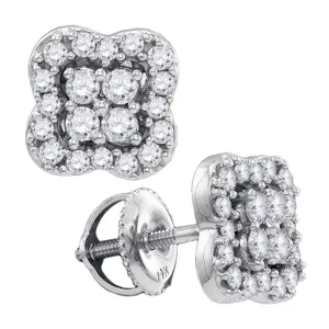 14k White Gold Round Diamond Square-shape Cluster Stud Screwback Earrings 1/2 Cttw