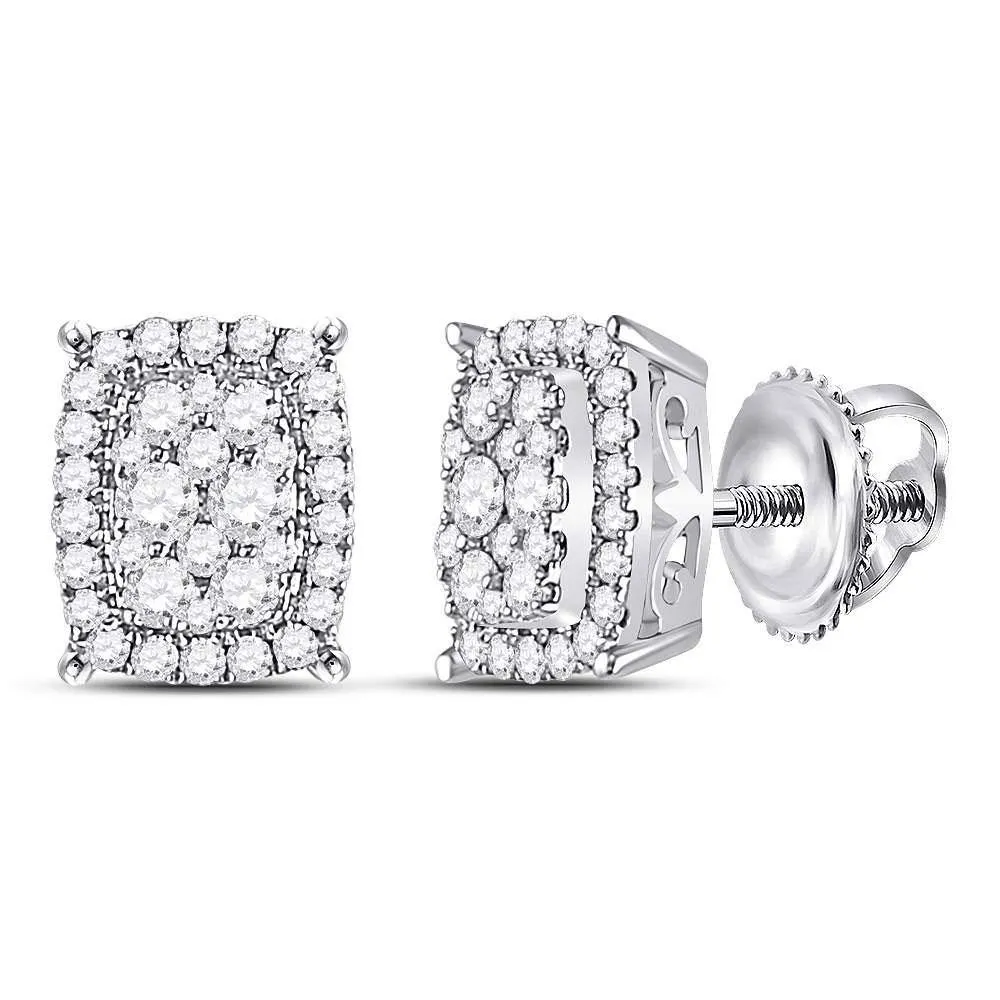 14K White Gold Round Diamond Vertical Rectangle Cluster Earrings 1/2 Cttw