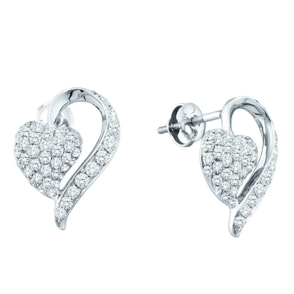 14K White Gold Round Pave-set Diamond Heart Cluster Earrings 1.00 Cttw