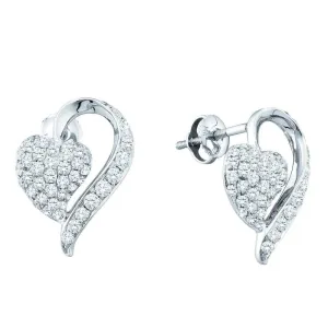 14K White Gold Round Pave-set Diamond Heart Cluster Earrings 1.00 Cttw