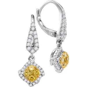 14K White Gold Round Yellow Diamond Diagonal Square Cluster Dangle Earrings 3/4 Cttw