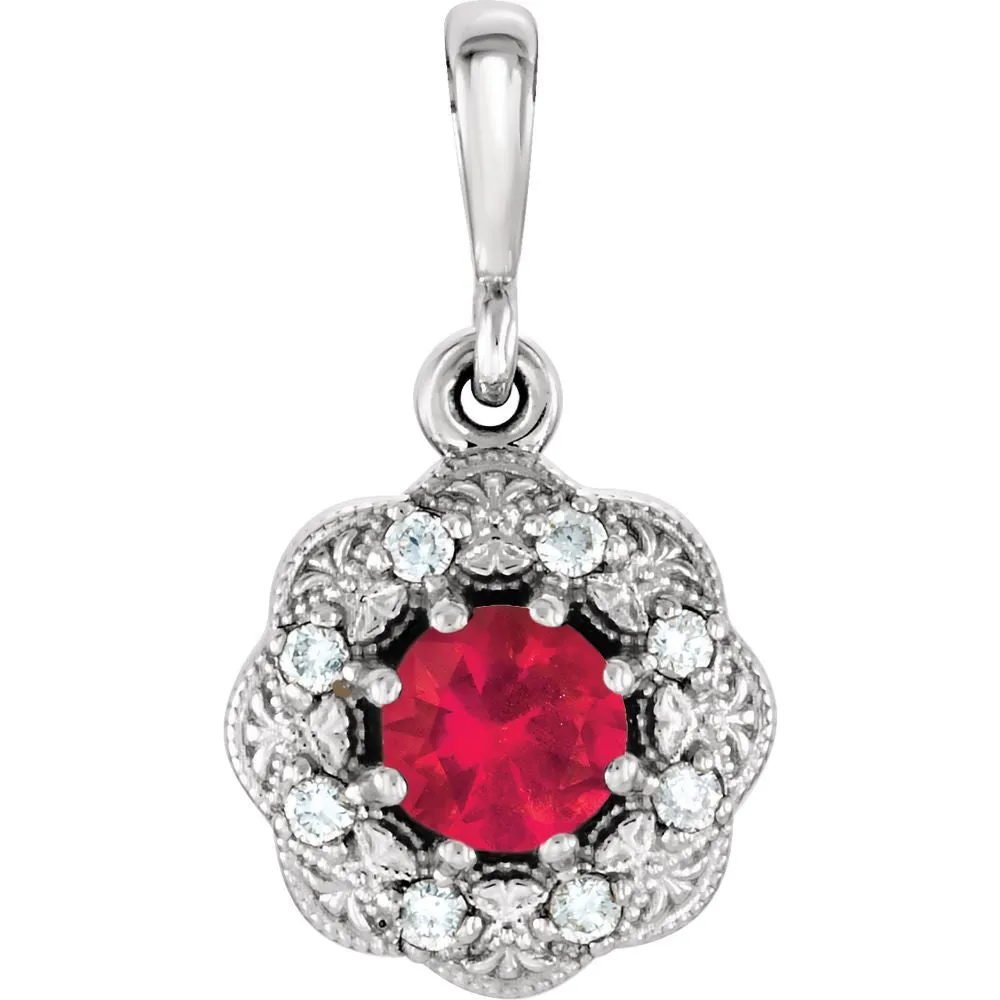 14k White Gold Ruby & .06 CTW Diamond Pendant