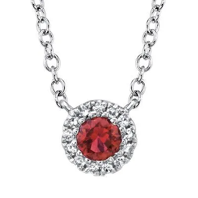 14K White Gold Ruby & Diamond Halo Pendant Necklace